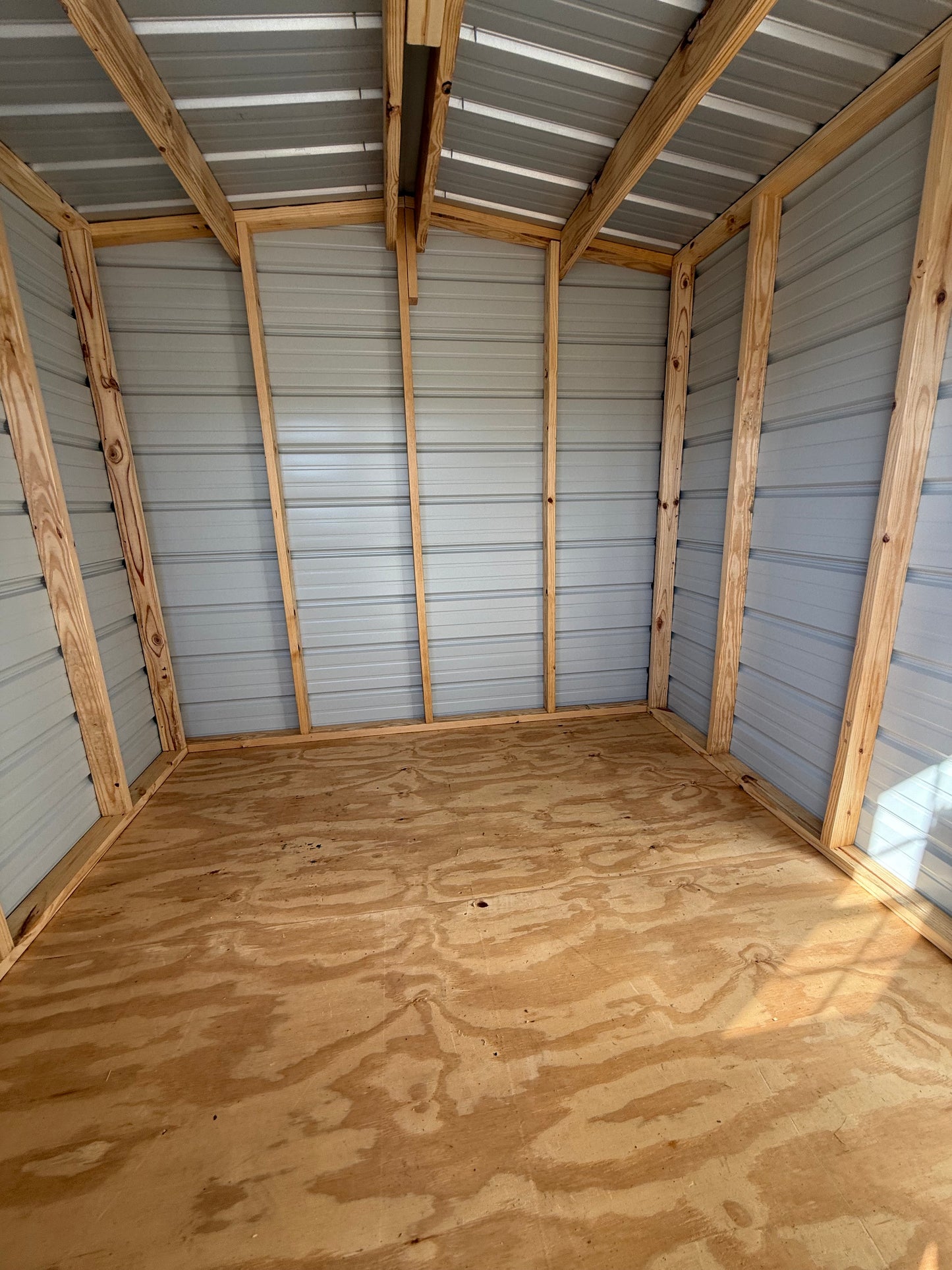 inside view of 8x8 portable storage building, regular roof