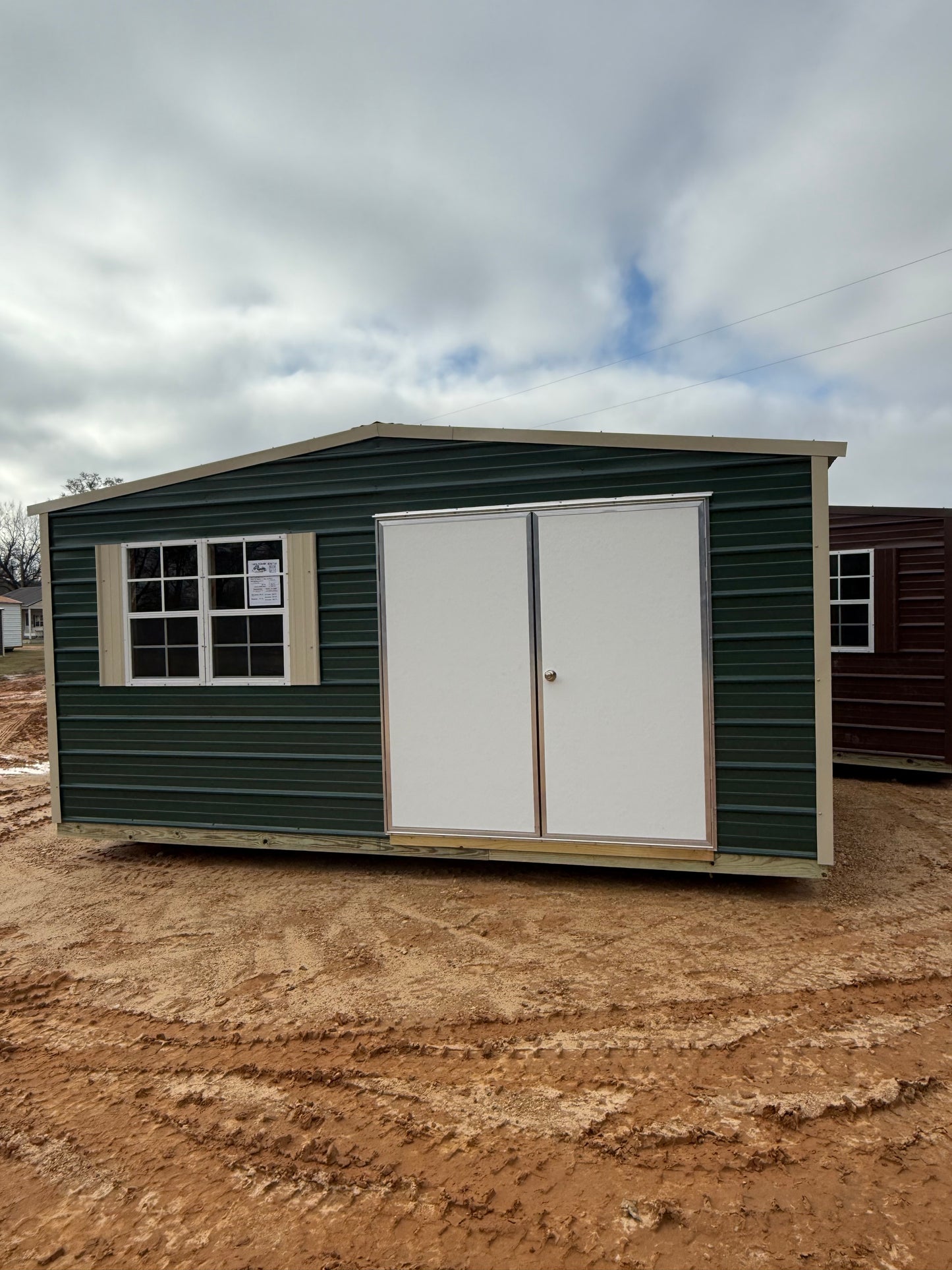 10x16 Hunter Green/Light Stone Regular Roof Portable Building with Double Door and Double Windows
