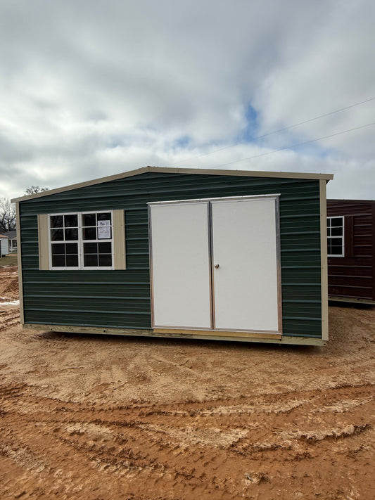 10x16 Hunter Green/Light Stone Regular Roof Portable Building with Double Door and Double Windows