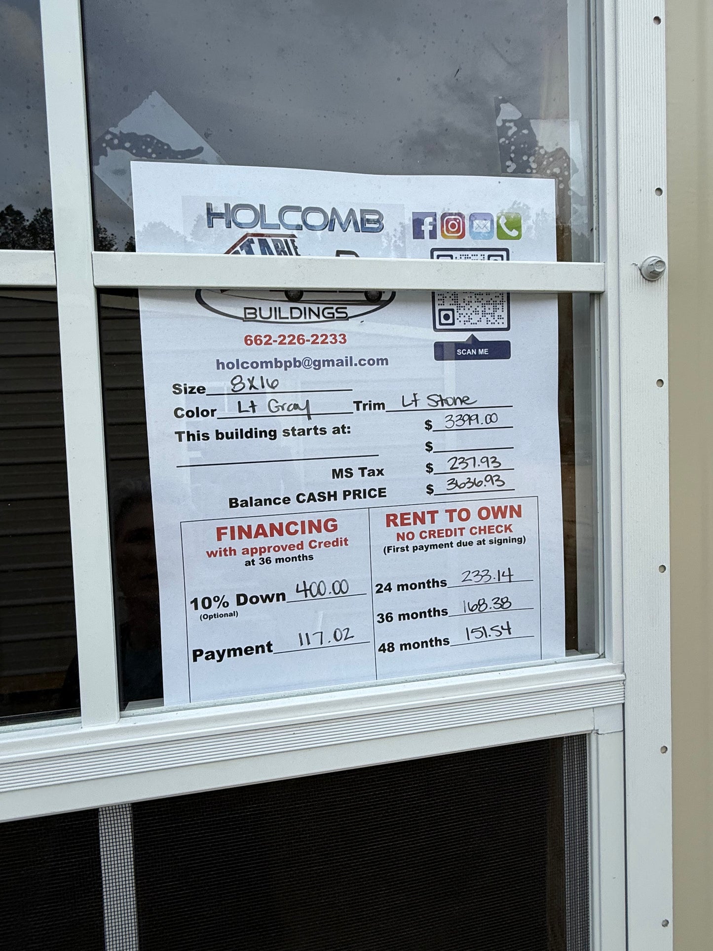 8x16 regular roof pricing sheet 